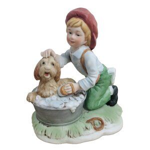 UCGC Bath Time Figurine Boy Giving Dog A Bath Ceramic Statuette Excellent Con.